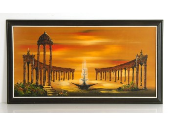 Vintage Mid Century Surrealist Parthenon & Fountain Acrylic Painting