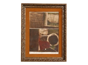 Vintage Mid Century Modern Abstract Aquatint Print By Callaway Titled 'Still Life With Letter'