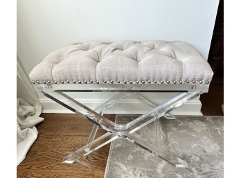 Tufted Grey Linen X-Bench Ottoman With Acrylic Frame