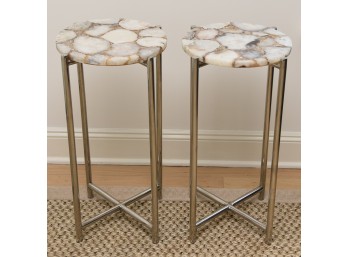 (2) Marble And Chrome Side/Drink Tables