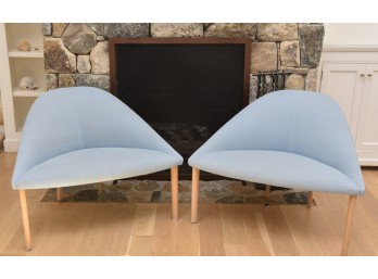 (2) Arper Colina Chairs In Light Blue Fabric With Wood Legs