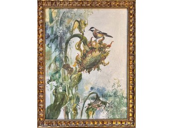 Bird And Sunflower Original Watercolor By Alva Holcombe Signed