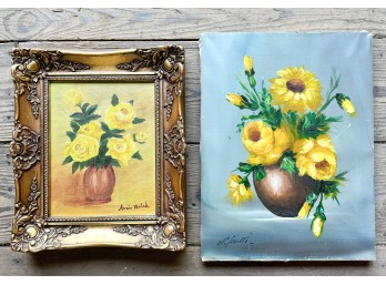 Pair Of Yellow Roses And Sunflower Paintings Signed Oil On Canvas