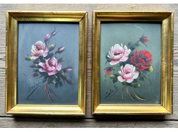 Pair Of Pink And Red Roses Paintings Oil On Canvas Signed