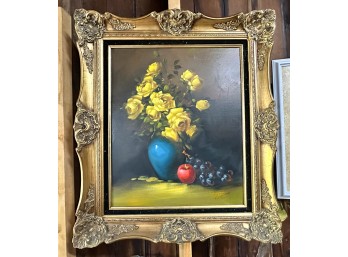 'Yellow Roses And Fruit' Still Life Oil On Board Signed
