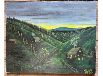 ‘Log Cabins At Nightfall’ Original Oil On Canvas Signed