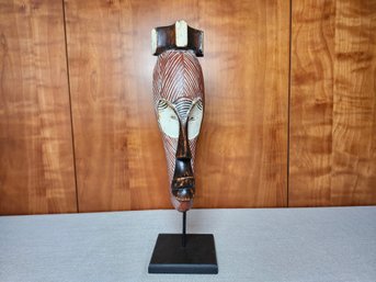 Carved Wooden Mask On Stand - Tribal-Inspired Design