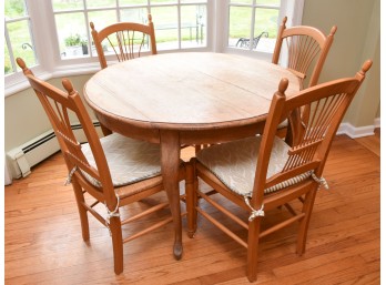 Round Oak Dining Table With (4) Thrush Seat Chairs