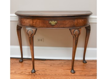 Vintage Queen Anne Style Carved And Inlaid Walnut Demilune Console Table