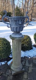 Neoclassical 19th Century Lead Urn Form Planter -2 Serpent Handles & Raised Cherub, Incredible Cement Pedestal