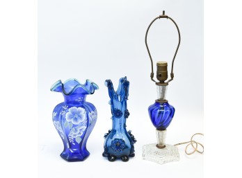 Vintage Blue Glass Table Lamp With (2) Vases
