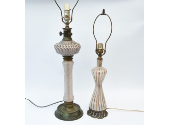 (2) Vintage Glass Brown And White Swirl Lamps