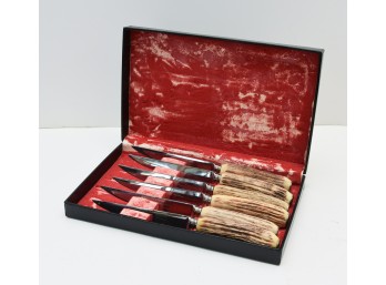 (6) Vintage Hoffritz England Steak Knives With Stag Horn Handles