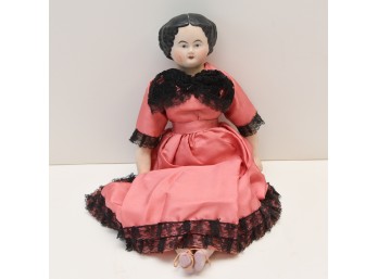 Antique Porcelain Doll In Black Lace And Pink Dress