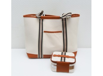 Cream Blue And Tan Canvas Tote With Make-up Bag New
