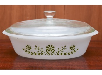Vintage Glasbake Green Daisy One Quart Milk Glass Casserole Dish