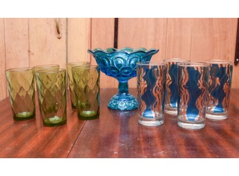 Set Of Mid-Century Modern Green And Blue Glassware