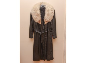Women's Black Leather Fur Collar Mid-Length Coat