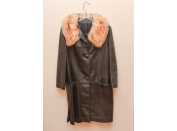Women's Black Leather Lambs Wool Collar Coat