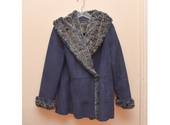 Women's Dark Blue Faux Fur Trim Coat