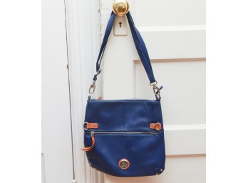 Blue Pebble Leather Joy Handbag With Matching Cosmetics Bag