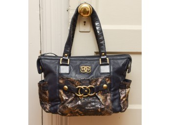 Black And Gold Snake Skin Accent Leather Handbag