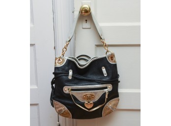Black Pebble Leather Handbag With Gold Accents