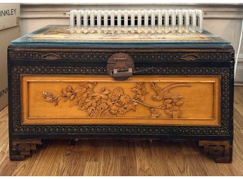 Asian Hand Carved Cedar Lined Wood Trunk With Glass Top