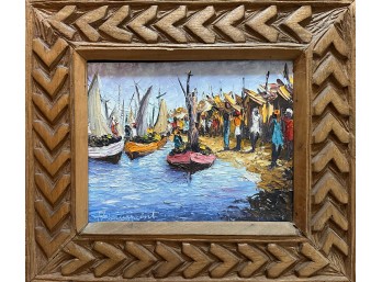Original Haitian Street Art Oil On Canvas Signed In Hand Carved Wood Frame