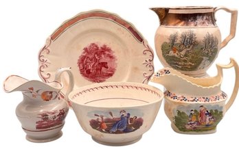 Antique English Pink Lustreware With Hand-Painted Enamel Outdoor Figural Scenes - 5 Pieces