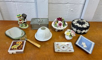 Vintage Asian Hand Mirror, Etched Glass Box, Votive Candle Holder, Wedgwood Blue Tray & Black Lidded Box