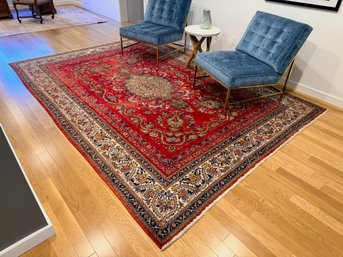 Traditional Hand-knotted Wool Turkish Oushak Style Rug In Vibrant Red, Navy And Cream With Center Medallion