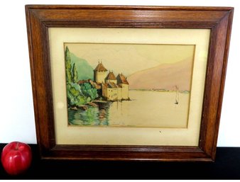 19th C. Oak Framed Watercolor Chateau' Du Chillon In Swiss Alps