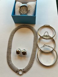 Sterling Silver 15mm Wide, 18' Lomg Necklace, Clip Earrings, Bangles, Kessaris Watch
