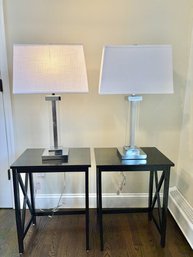 Pair Of Modern Lucite And Chrome Table Lamps With Linen Shades
