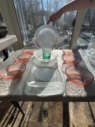 Pink Depression Bowls, Fish Plate, Clear Glass