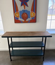 Rustic Eooden Selving With Wrought Iron Base