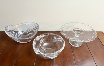 Glass Cake Plate And Two Glass Serving Bowls