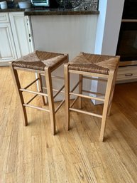 Pair Of Backless Natural Wood Bar Stool With Woven Seat