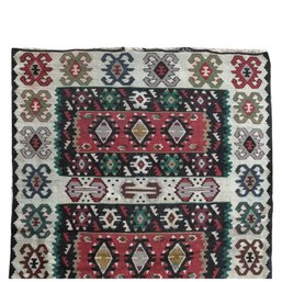 4x7 Vintage Pirot Arky Kilim: Hand-Woven Reversible Balkan Rug With Serrated Geometric Motifs In Red & Cream