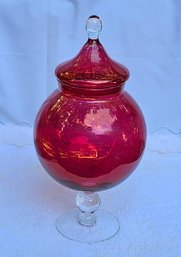 Vintage 1950 Cranberry Glass Lidded Candy Bowl Apothecary Empoli Jar With Circus Tent Top Clear Pedestal Stem