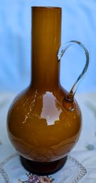Vintage Large 12 Inch Hand-blown Butterscotch Glass Vase With White Glass Lining & Attached Clear Glass Handle