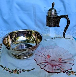 Vintage Glass & Silver Plated Water Pitcher, Sheridan Silver Plated Bowl, Pink Depression Glass Candy Dish