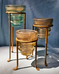 Folk-Art Handcrafted Candle Holder Set Of 3 - Brass? And Glass Insulators.