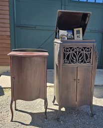 Early 1920s Sonora Upright Victrola With Records, Extra Needles, And Record Cabinet