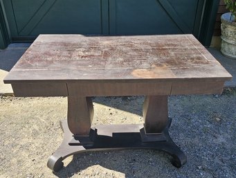 Antique Empire Style Scroll Foot Library Table With Single Drawer