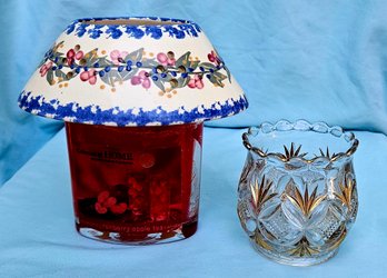 Colonial Home Candle With Chimney Top - Never Used, & EAPG Sugar Bowl Diamond & Fan Pattern With Gold Accents