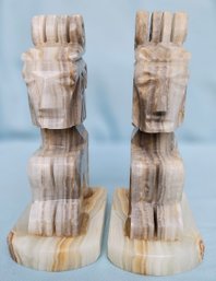 Vintage Hand Craved Alabaster/Marble Aztec Mayan Tiki Stone Bookend Set Of 2