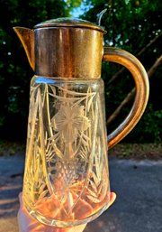 Antique Ornate Deep Cut Crystal And Silver Plate Water Pitcher With Ice Guard.