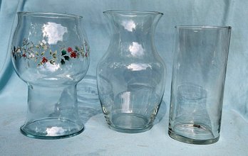 Handblown Clear Glass Vases And Handblown Clear Glass Large Candle Holder  With Ivy And Berry Design